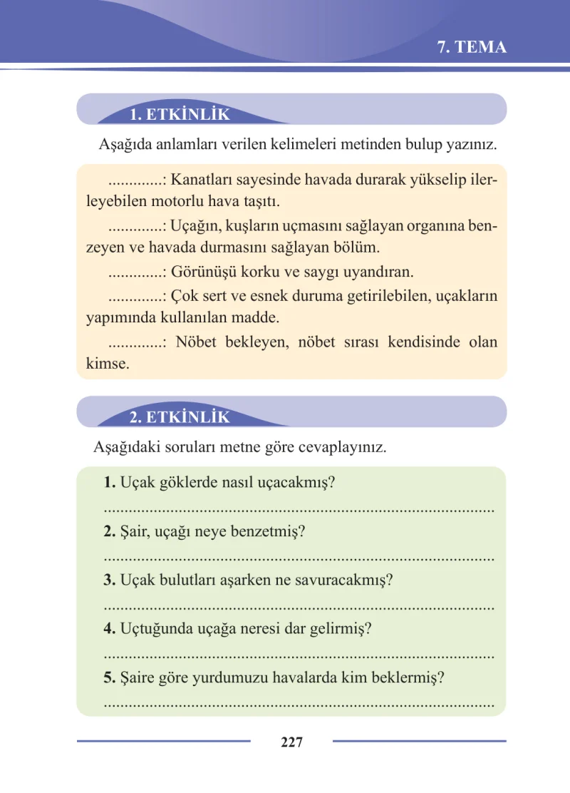 2. Sınıf Türkçe Ders Kitabı Cevapları Bilim ve Kültür Yayınları Sayfa 227