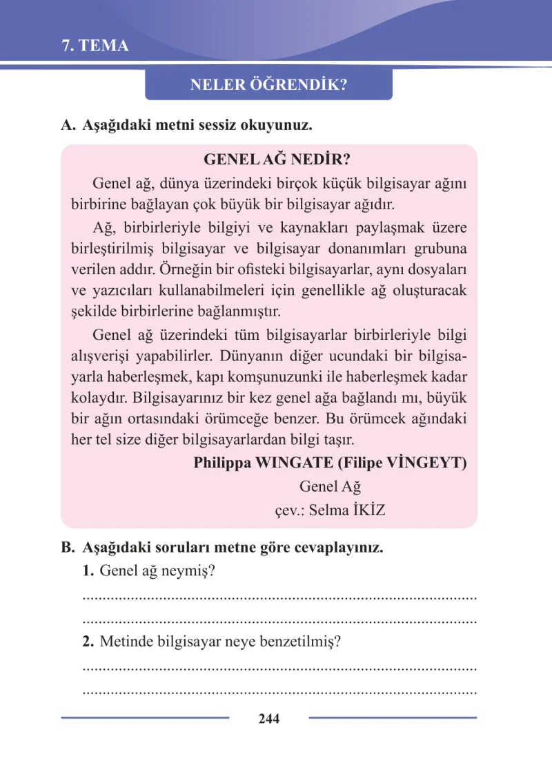 2. Sınıf Türkçe Ders Kitabı Cevapları Bilim ve Kültür Yayınları Sayfa 244