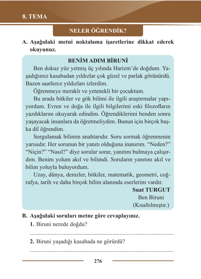 2. Sınıf Türkçe Ders Kitabı Cevapları Bilim ve Kültür Yayınları Sayfa 276