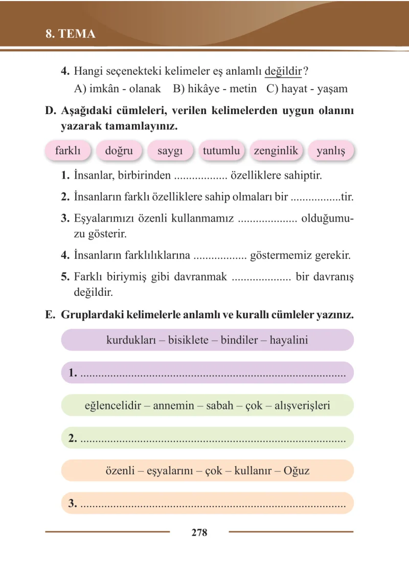 2. Sınıf Türkçe Ders Kitabı Cevapları Bilim ve Kültür Yayınları Sayfa 278