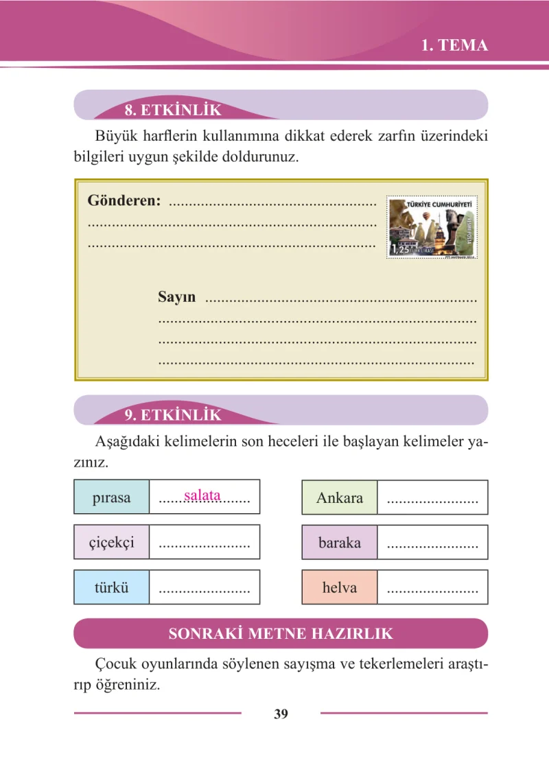 2. Sınıf Türkçe Ders Kitabı Cevapları Bilim ve Kültür Yayınları Sayfa 39