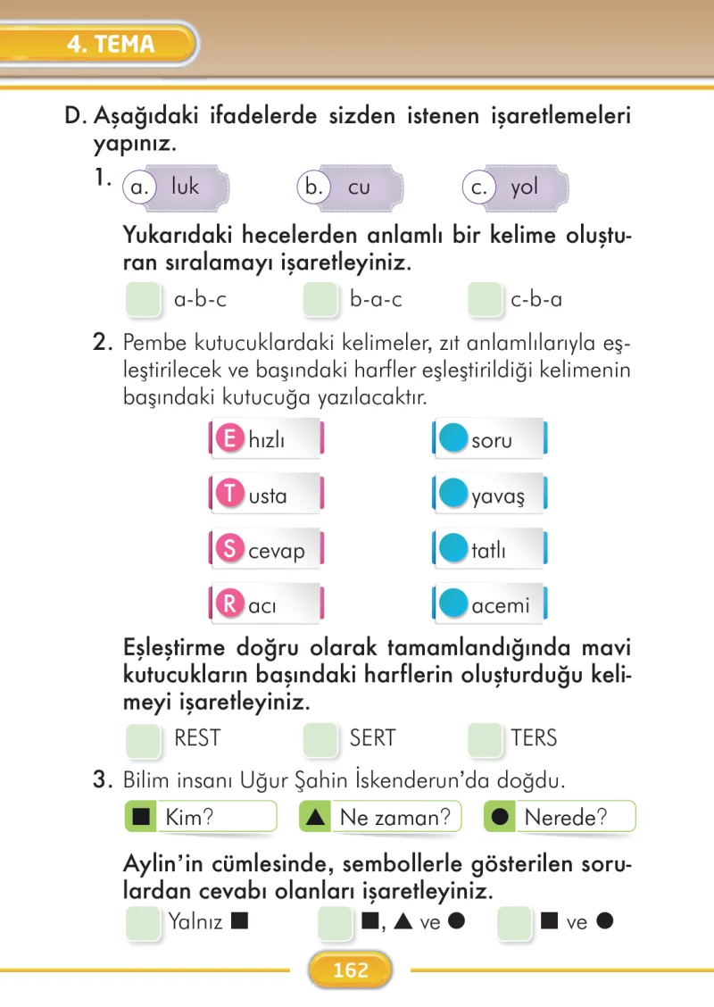 2. Sınıf Türkçe Ders Kitabı Cevapları İlke Yayınları Sayfa 162