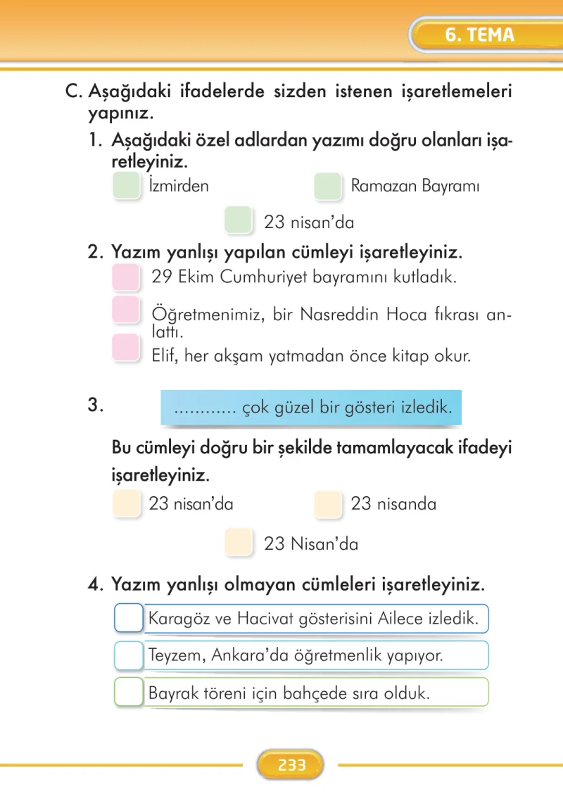 2. Sınıf Türkçe Ders Kitabı Cevapları İlke Yayınları Sayfa 233