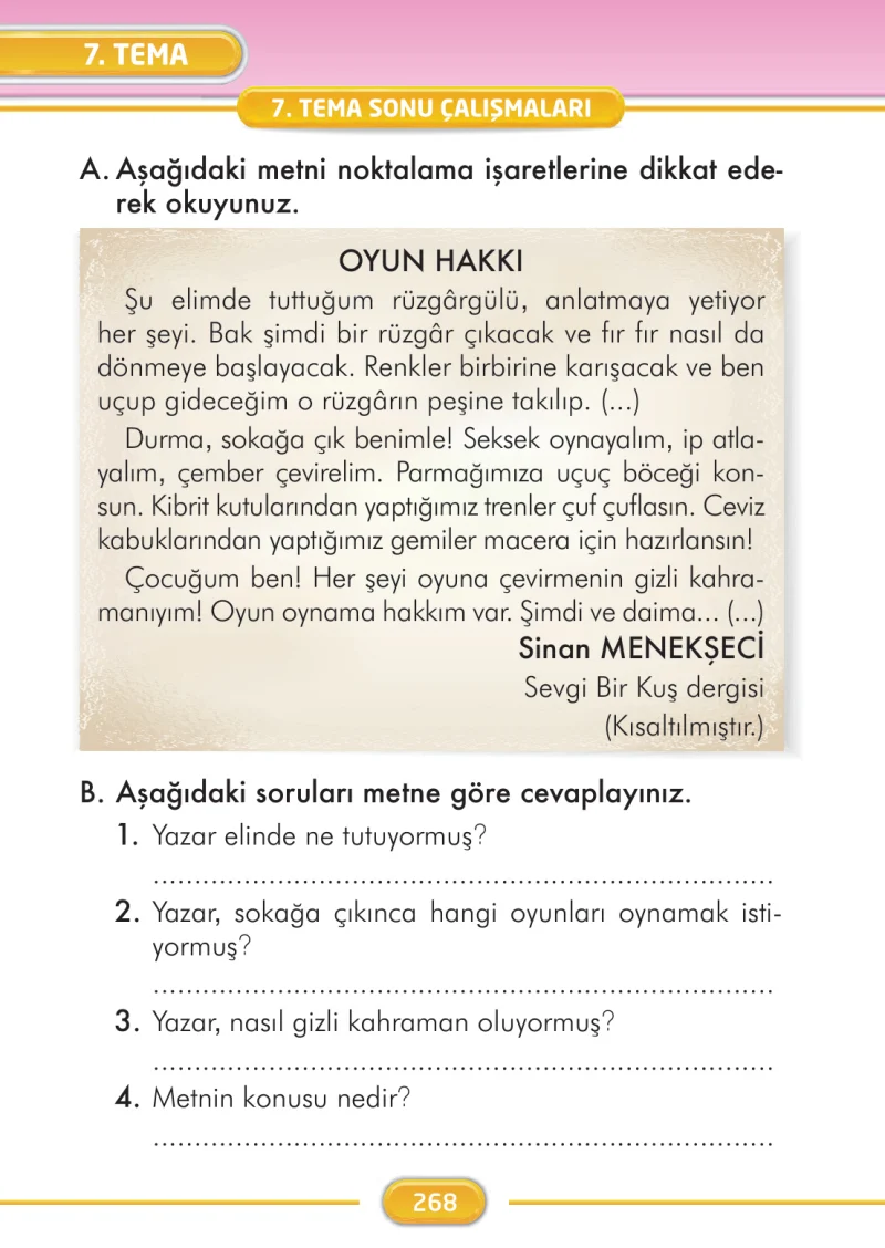 2. Sınıf Türkçe Ders Kitabı Cevapları İlke Yayınları Sayfa 268