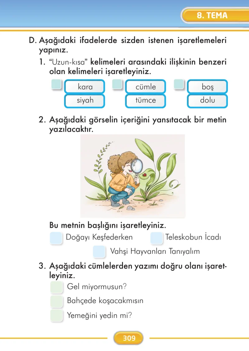 2. Sınıf Türkçe Ders Kitabı Cevapları İlke Yayınları Sayfa 309