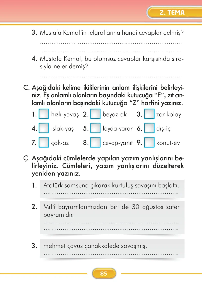 2. Sınıf Türkçe Ders Kitabı Cevapları İlke Yayınları Sayfa 85