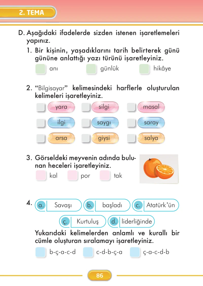 2. Sınıf Türkçe Ders Kitabı Cevapları İlke Yayınları Sayfa 86