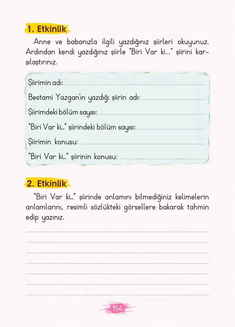 2. Sınıf Türkçe Ders Kitabı Cevapları Koza Yayınları Sayfa 154