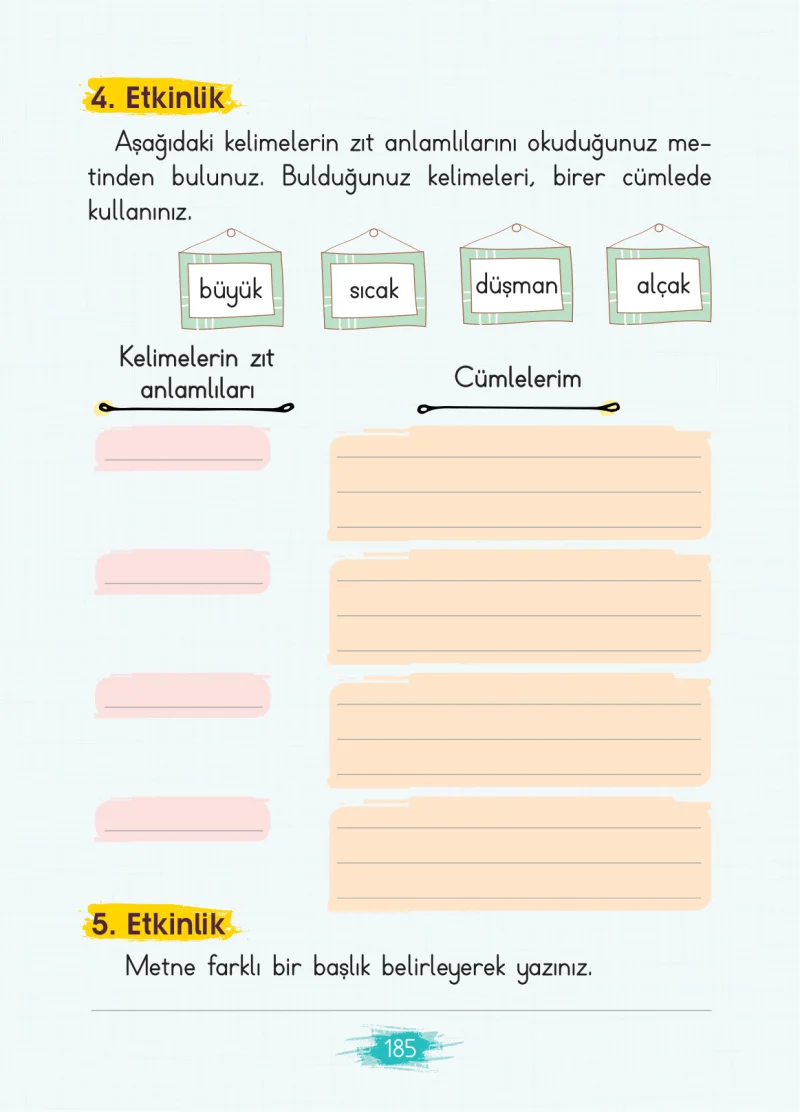 2. Sınıf Türkçe Ders Kitabı Cevapları Koza Yayınları Sayfa 185