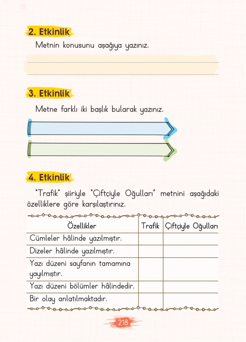 2. Sınıf Türkçe Ders Kitabı Cevapları Koza Yayınları Sayfa 218