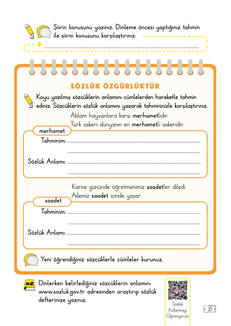 2. Sınıf Türkçe Ders Kitabı Cevapları Meb Yayınları 1. Kitap Sayfa 21