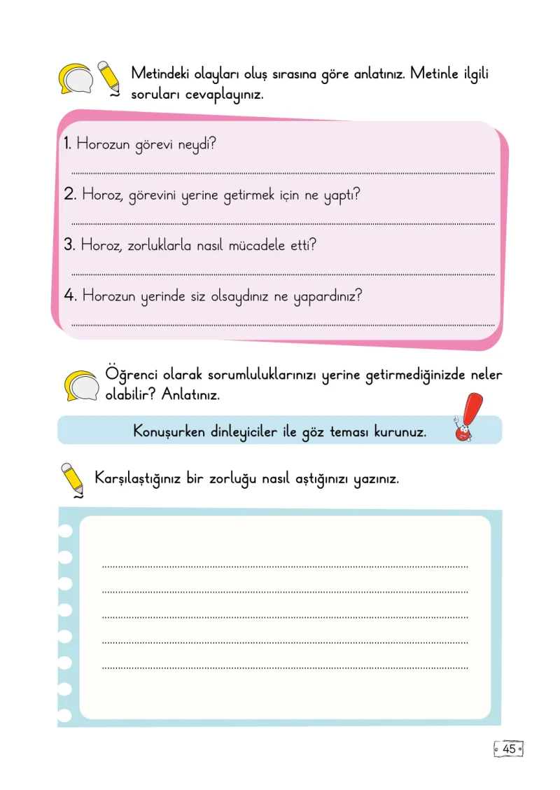 2. Sınıf Türkçe Ders Kitabı Cevapları Meb Yayınları 1. Kitap Sayfa 45