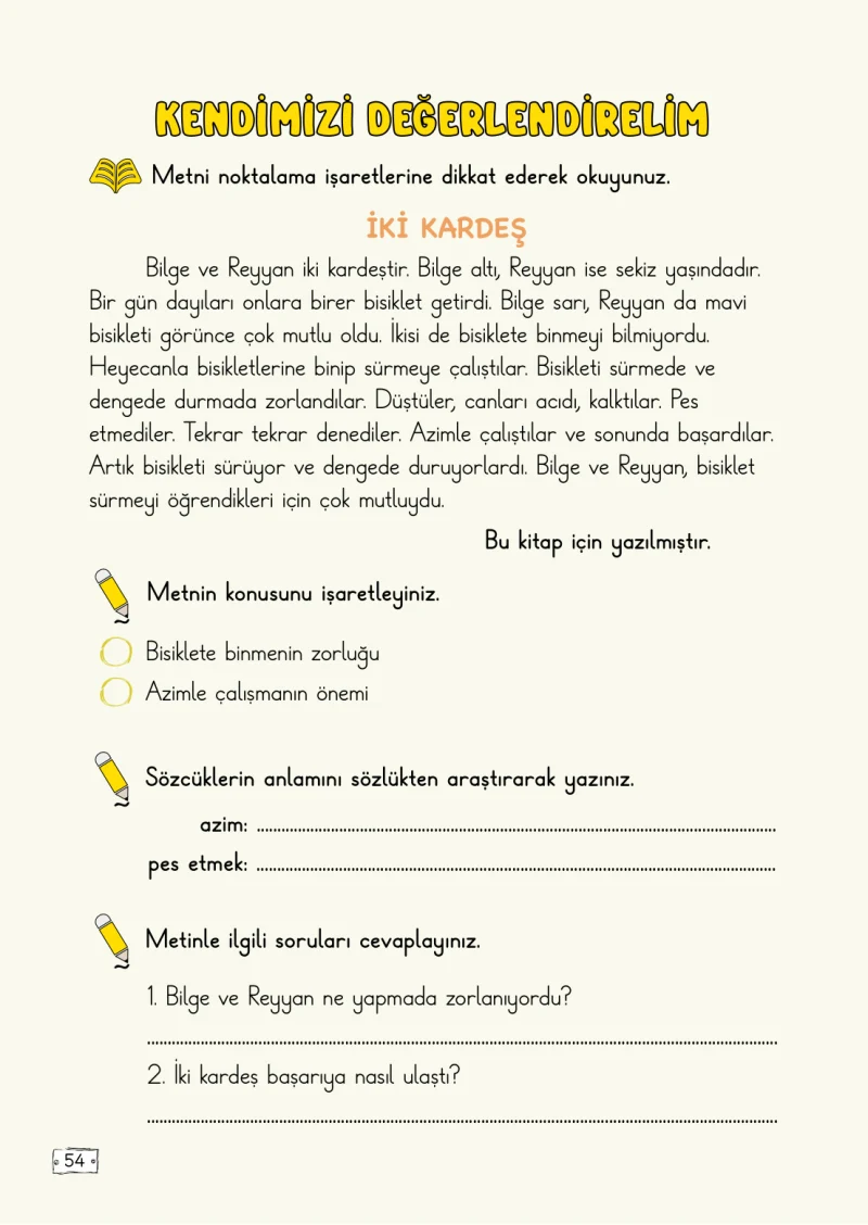 2. Sınıf Türkçe Ders Kitabı Cevapları Meb Yayınları 1. Kitap Sayfa 54