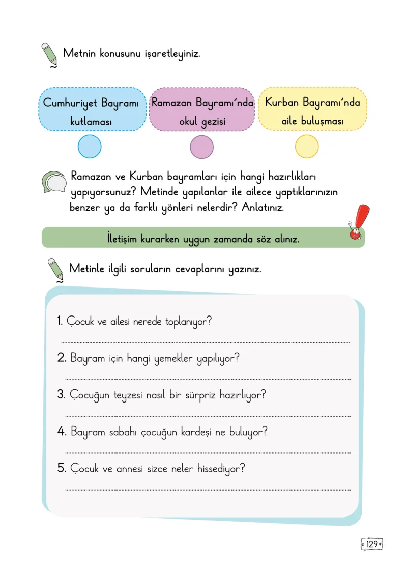 2. Sınıf Türkçe Ders Kitabı Cevapları Meb Yayınları 2. Kitap Sayfa 129