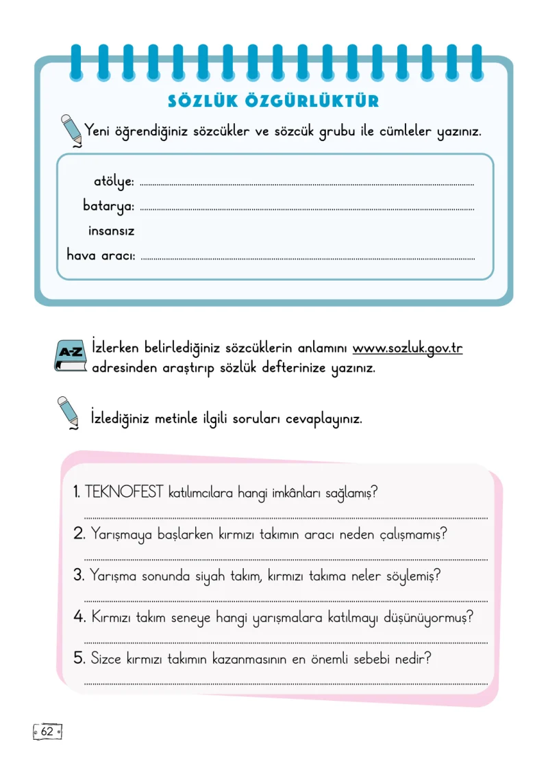 2. Sınıf Türkçe Ders Kitabı Cevapları Meb Yayınları 2. Kitap Sayfa 62