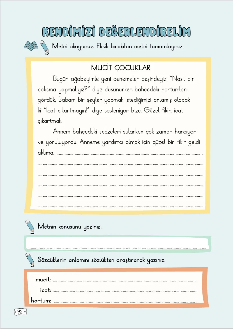 2. Sınıf Türkçe Ders Kitabı Cevapları Meb Yayınları 2. Kitap Sayfa 92