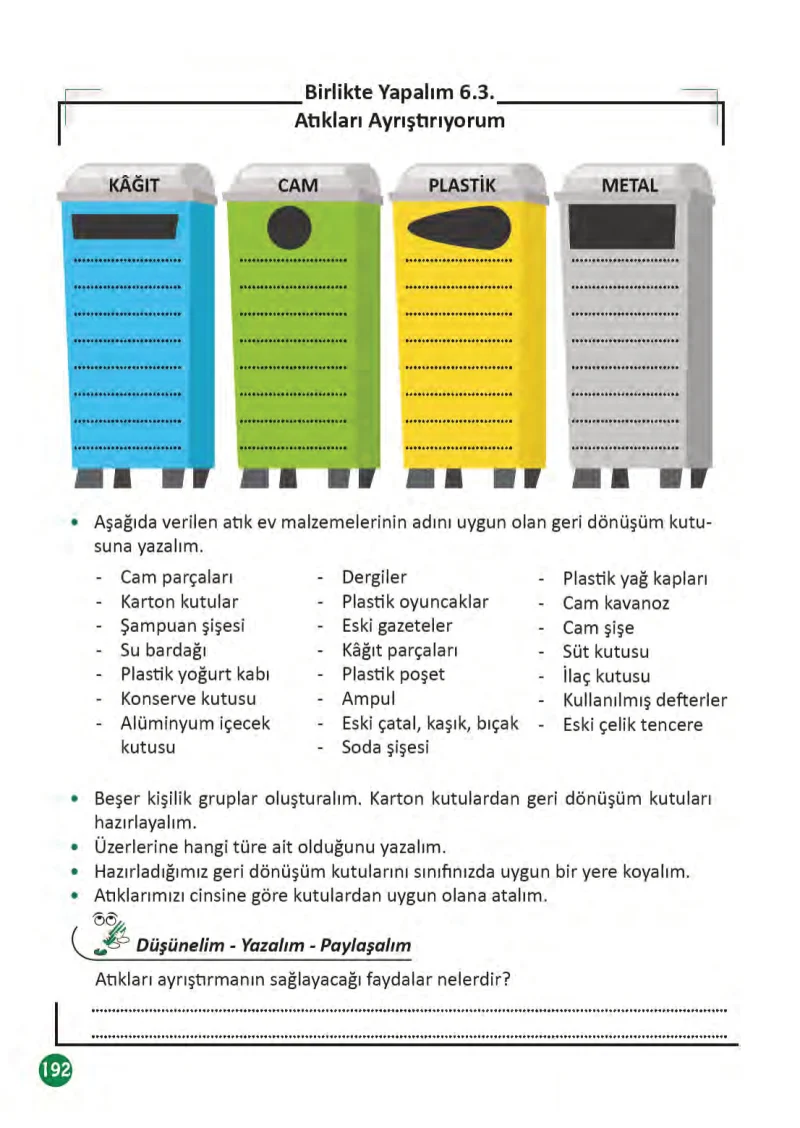 3. Sınıf Fen Bilimleri Ders Kitabı Cevapları Meb Yayınları 1 Sayfa 192