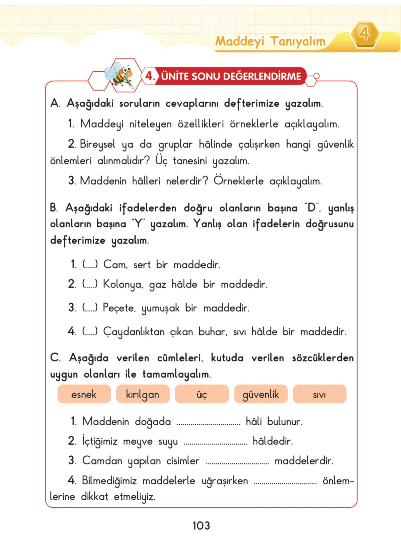 3. Sınıf Fen Bilimleri Ders Kitabı Cevapları SDR Dİkey Yayınları Sayfa 103