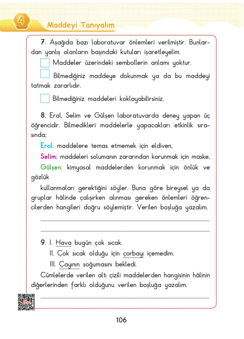 3. Sınıf Fen Bilimleri Ders Kitabı Cevapları SDR Dİkey Yayınları Sayfa 106