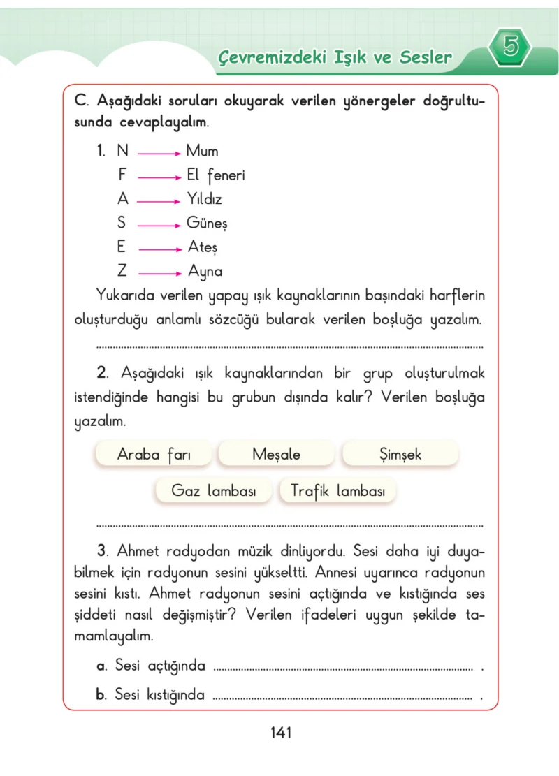 3. Sınıf Fen Bilimleri Ders Kitabı Cevapları SDR Dİkey Yayınları Sayfa 141