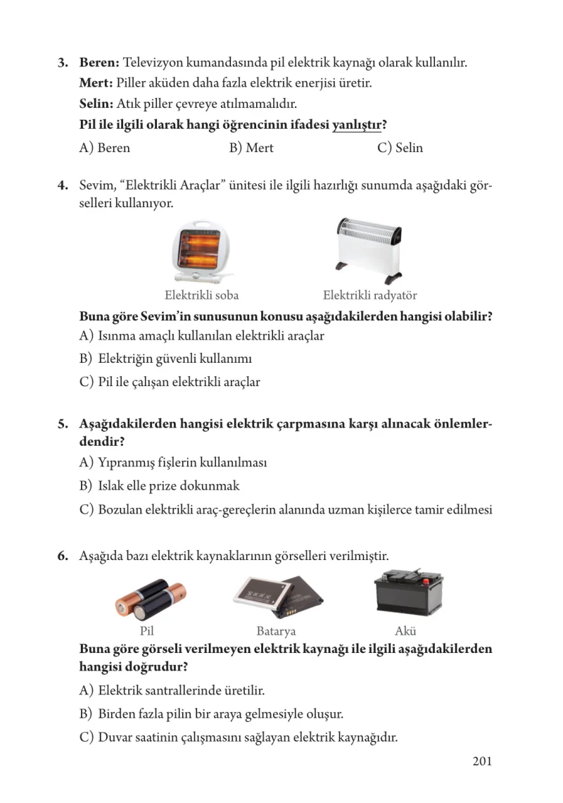 3. Sınıf Fen Bilimleri Ders Kitabı Cevapları Tuna Yayınları Sayfa 201