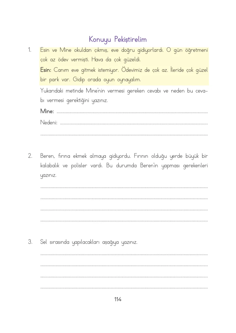 3. Sınıf Hayat Bilgisi Ders Kitabı Cevapları Evren Yayınları Sayfa 114