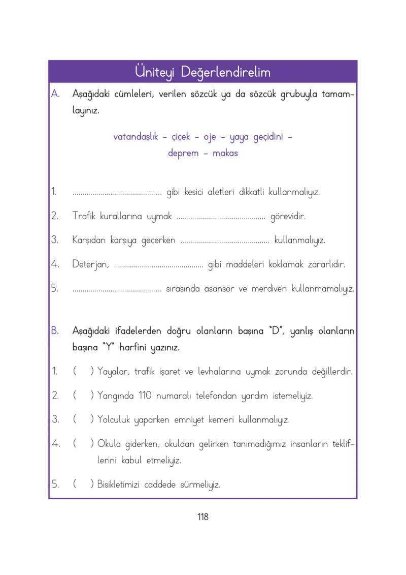 3. Sınıf Hayat Bilgisi Ders Kitabı Cevapları Evren Yayınları Sayfa 118