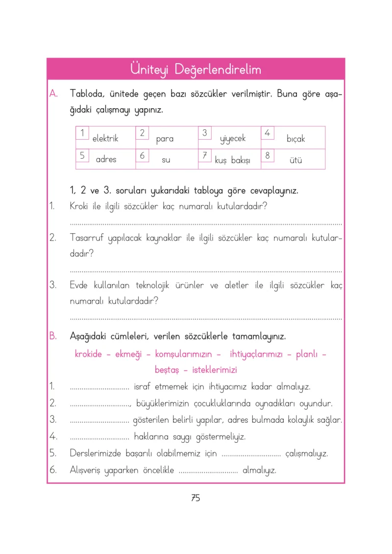 3. Sınıf Hayat Bilgisi Ders Kitabı Cevapları Evren Yayınları Sayfa 75