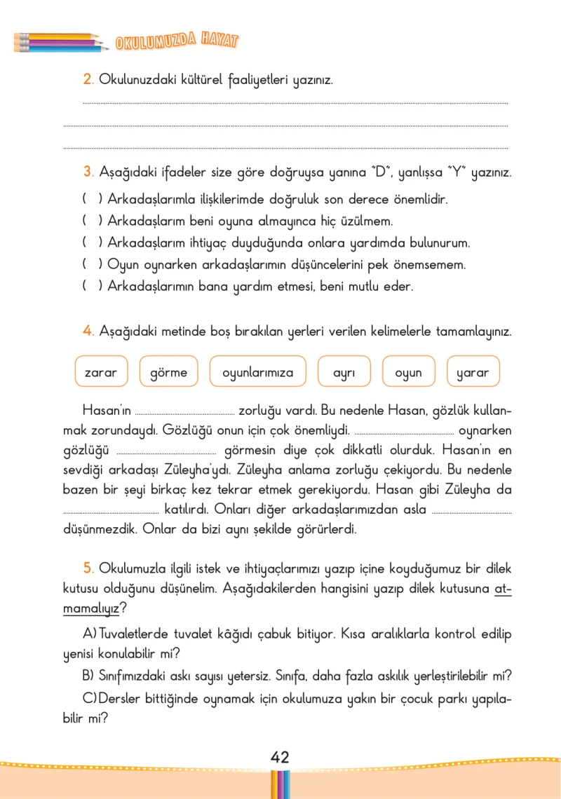 3. Sınıf Hayat Bilgisi Ders Kitabı Cevapları Pasifik Yayınları Sayfa 42