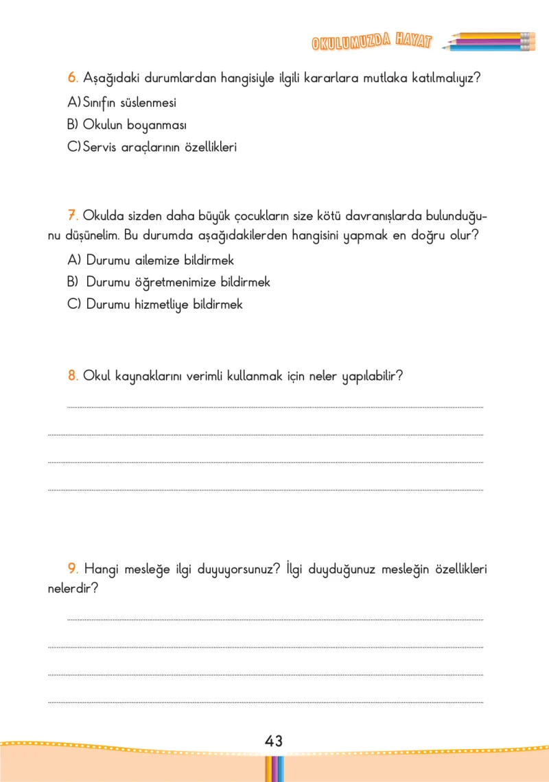 3. Sınıf Hayat Bilgisi Ders Kitabı Cevapları Pasifik Yayınları Sayfa 43