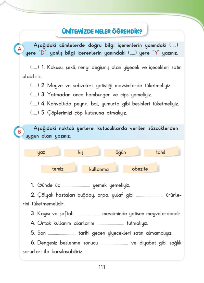 3. Sınıf Hayat Bilgisi Ders Kitabı Cevapları SDR İpekyolu Yayınları Sayfa 111