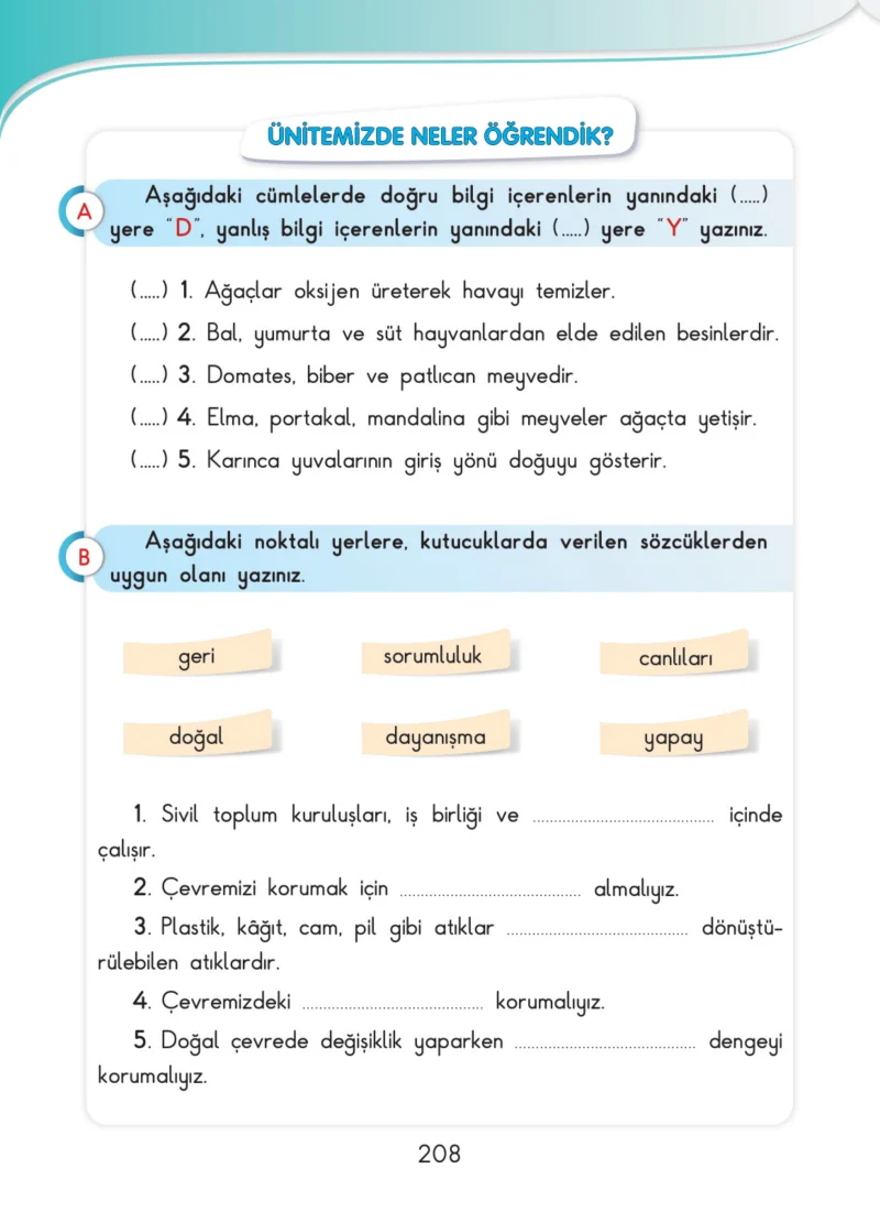 3. Sınıf Hayat Bilgisi Ders Kitabı Cevapları SDR İpekyolu Yayınları Sayfa 208