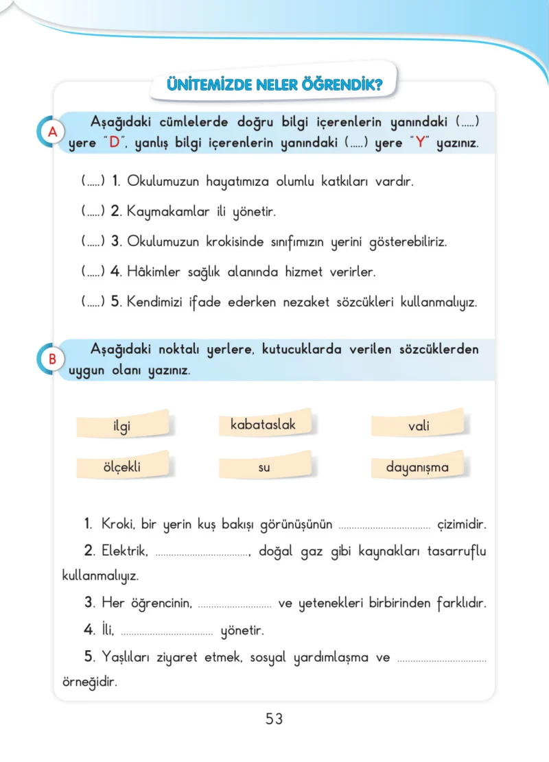 3. Sınıf Hayat Bilgisi Ders Kitabı Cevapları SDR İpekyolu Yayınları Sayfa 53