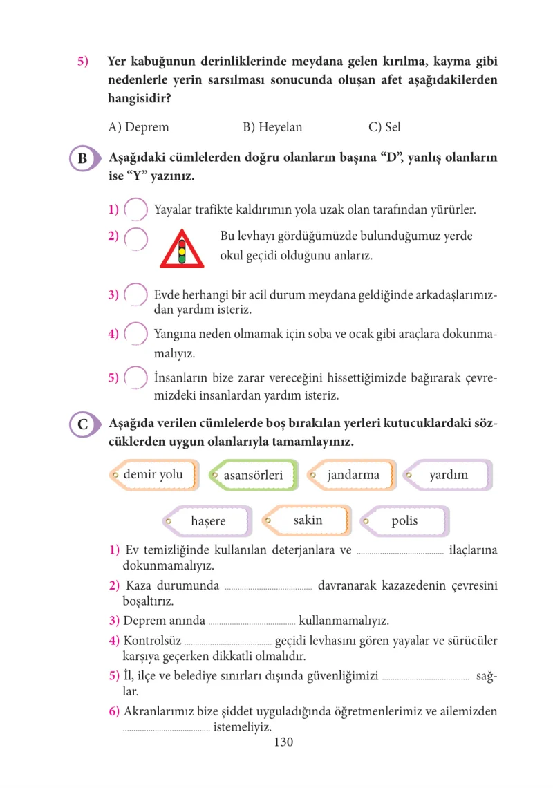 3. Sınıf Hayat Bilgisi Ders Kitabı Cevapları Tuna Yayınları Sayfa 130
