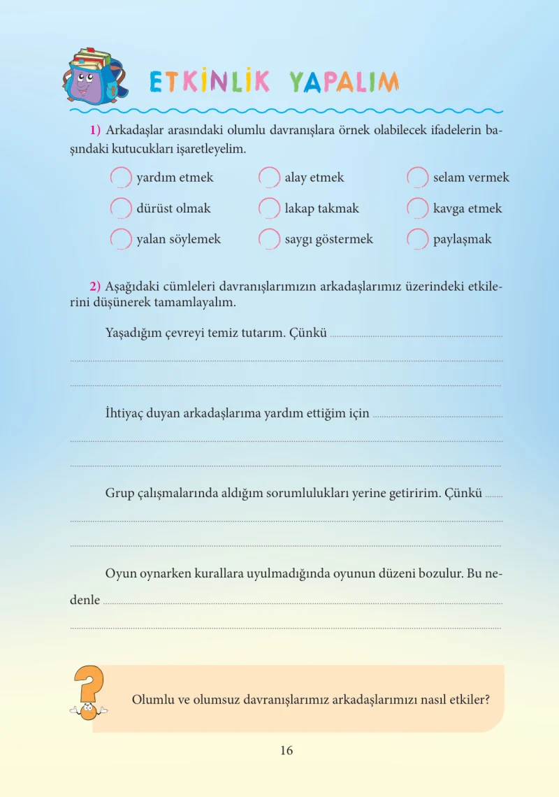 3. Sınıf Hayat Bilgisi Ders Kitabı Cevapları Tuna Yayınları Sayfa 16