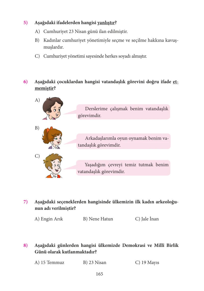 3. Sınıf Hayat Bilgisi Ders Kitabı Cevapları Tuna Yayınları Sayfa 165