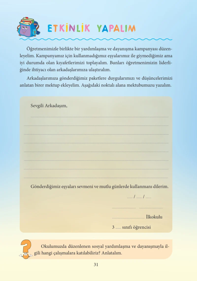 3. Sınıf Hayat Bilgisi Ders Kitabı Cevapları Tuna Yayınları Sayfa 31