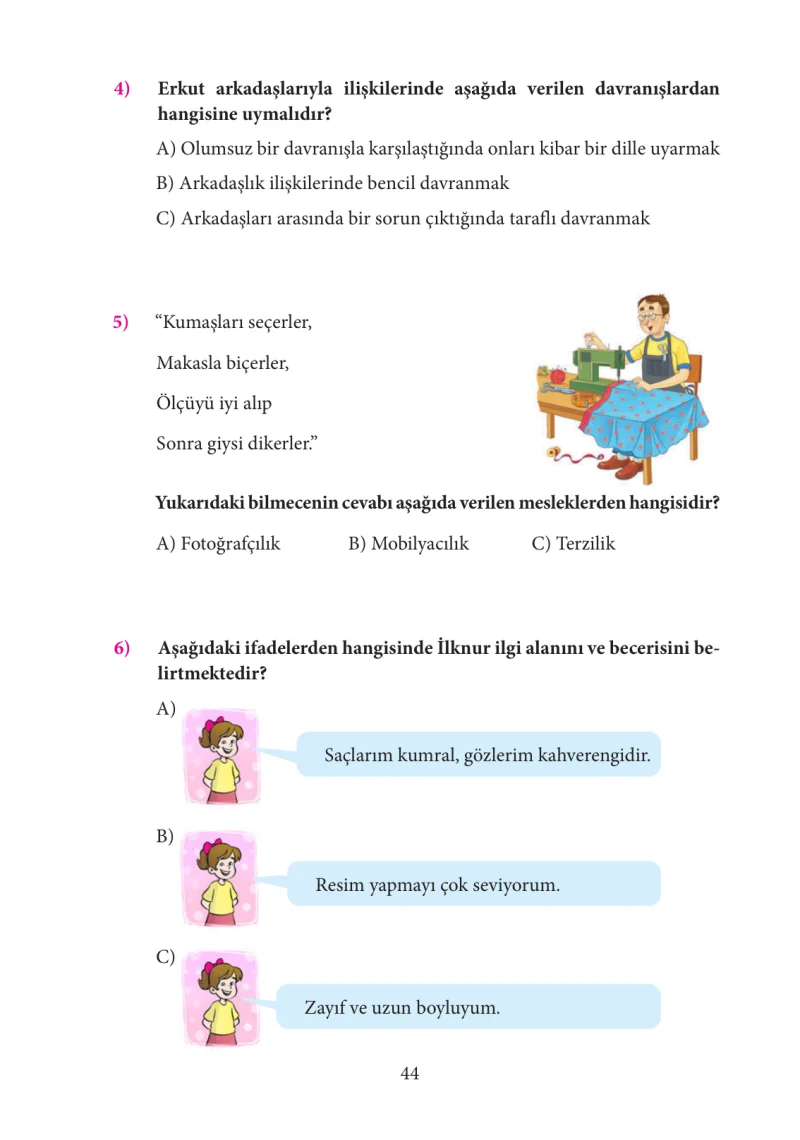 3. Sınıf Hayat Bilgisi Ders Kitabı Cevapları Tuna Yayınları Sayfa 44