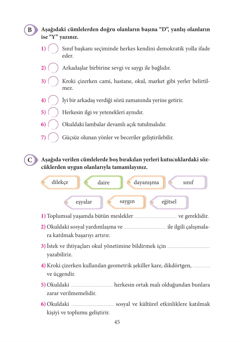 3. Sınıf Hayat Bilgisi Ders Kitabı Cevapları Tuna Yayınları Sayfa 45