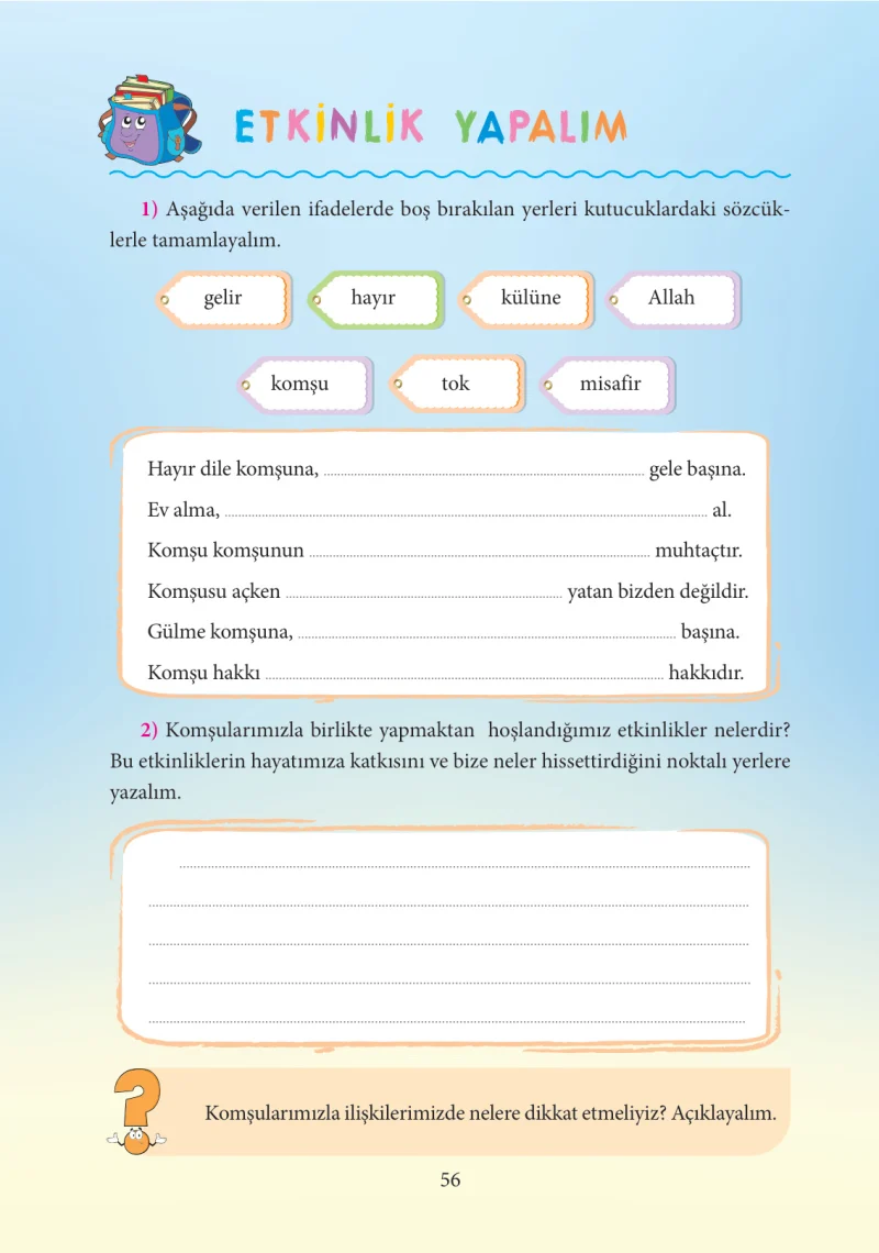 3. Sınıf Hayat Bilgisi Ders Kitabı Cevapları Tuna Yayınları Sayfa 56