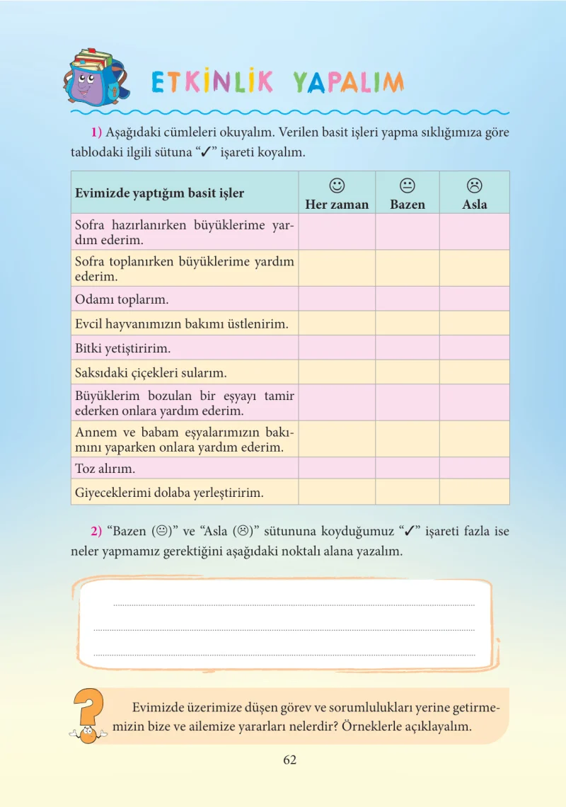 3. Sınıf Hayat Bilgisi Ders Kitabı Cevapları Tuna Yayınları Sayfa 62
