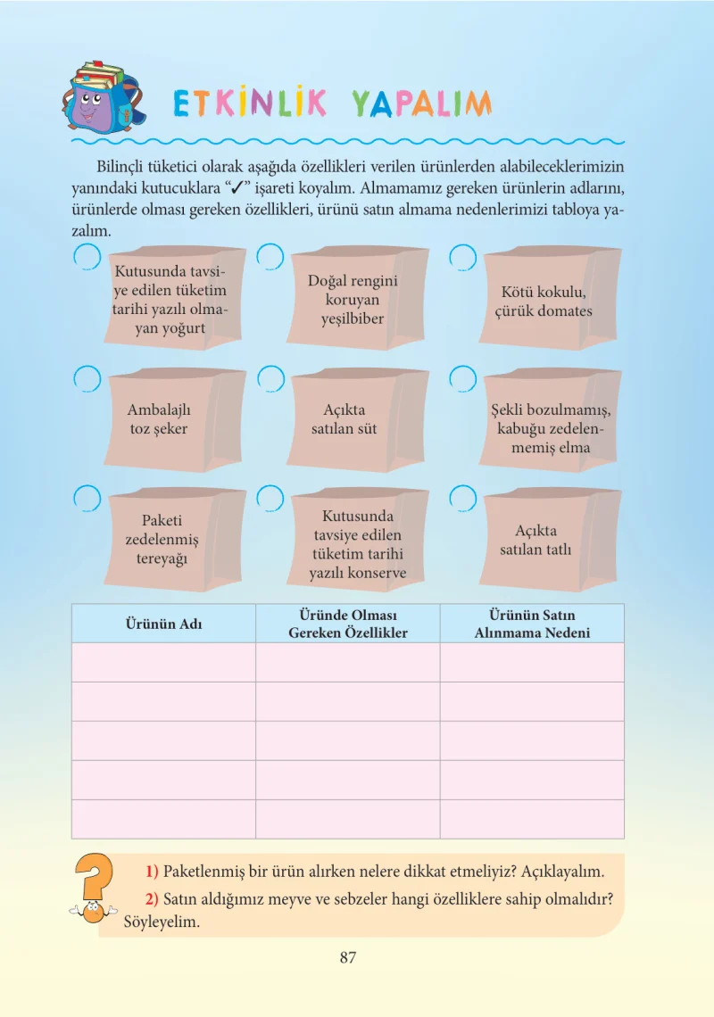 3. Sınıf Hayat Bilgisi Ders Kitabı Cevapları Tuna Yayınları Sayfa 87