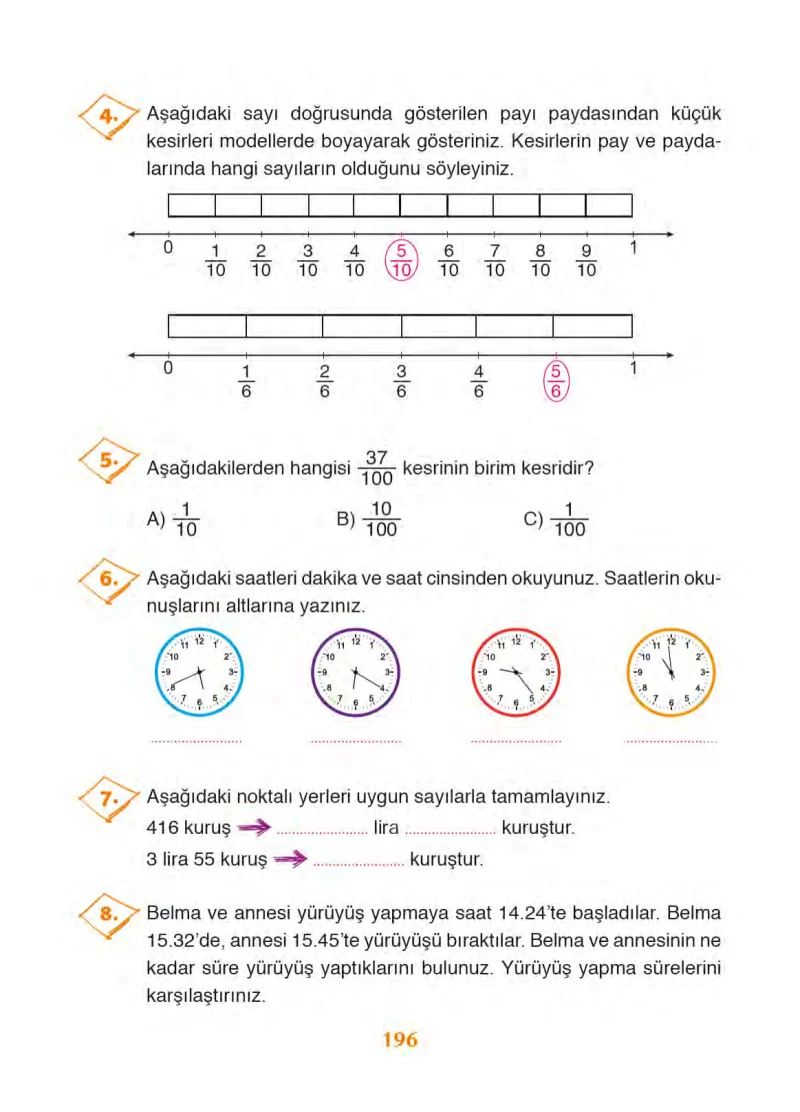 3. Sınıf Matematik Ders Kitabı Cevapları Ada Yayınları Sayfa 196