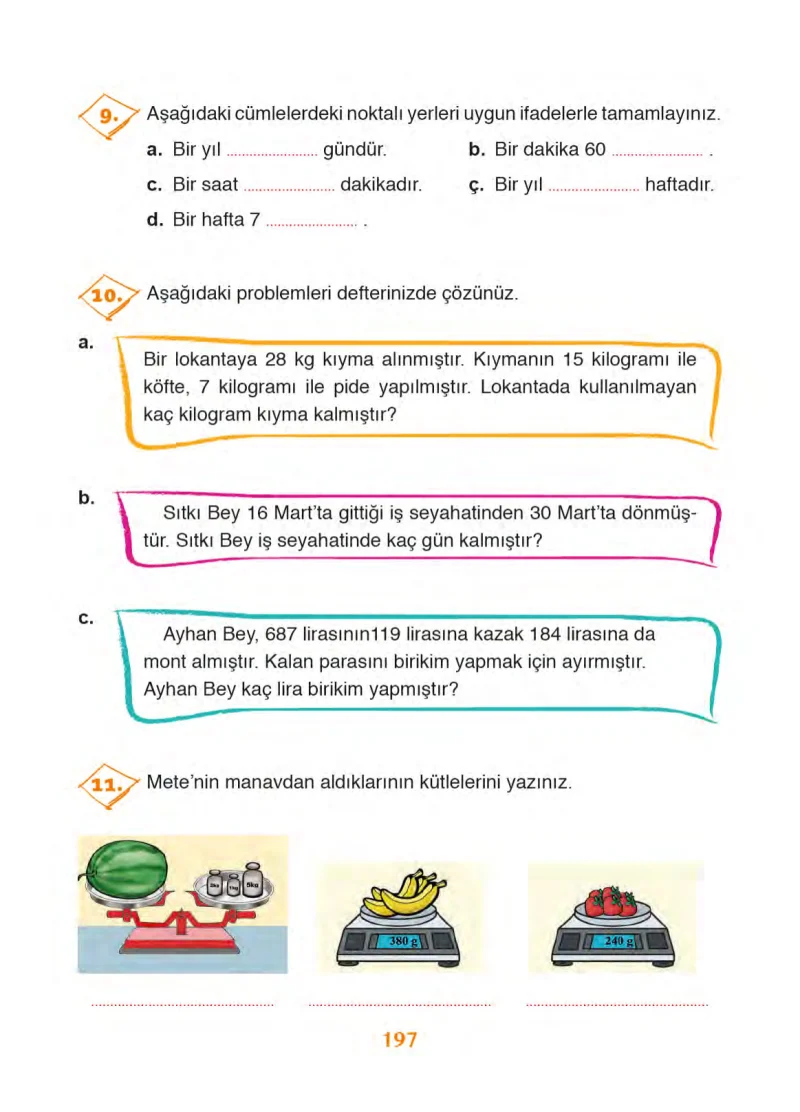 3. Sınıf Matematik Ders Kitabı Cevapları Ada Yayınları Sayfa 197