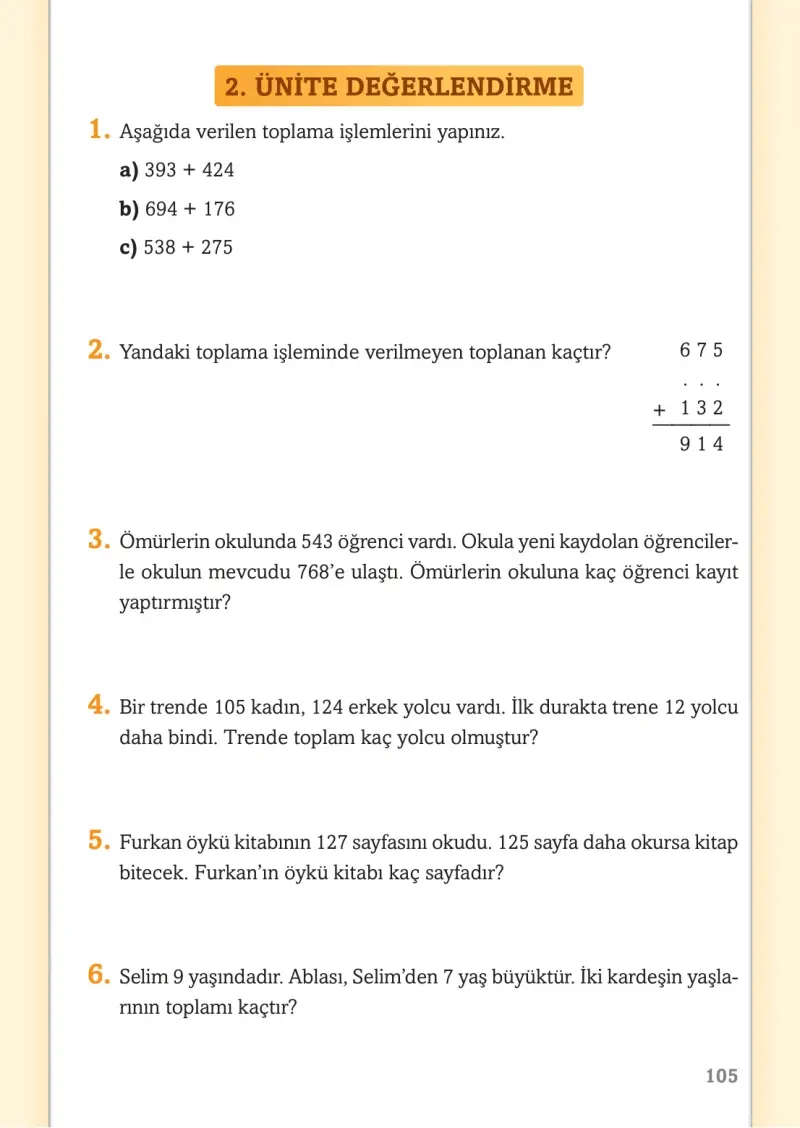 3. Sınıf Matematik Ders Kitabı Cevapları Ekoyay Yayınları Sayfa 105