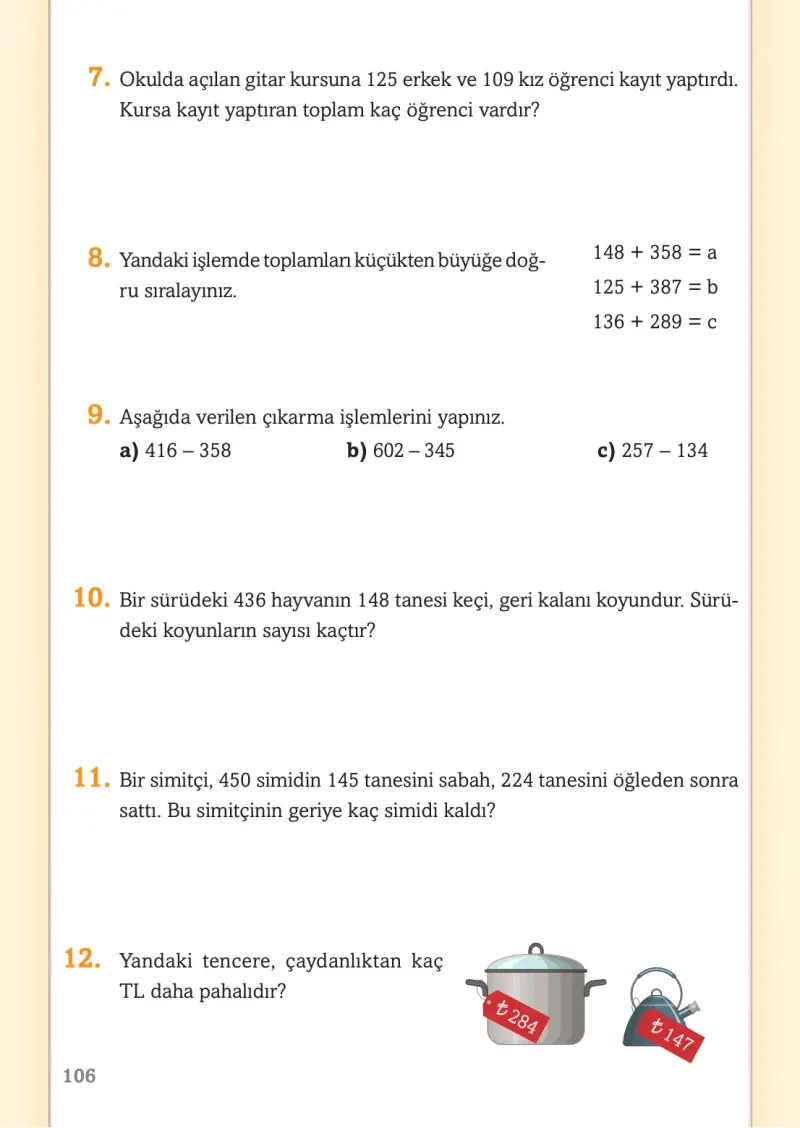3. Sınıf Matematik Ders Kitabı Cevapları Ekoyay Yayınları Sayfa 106