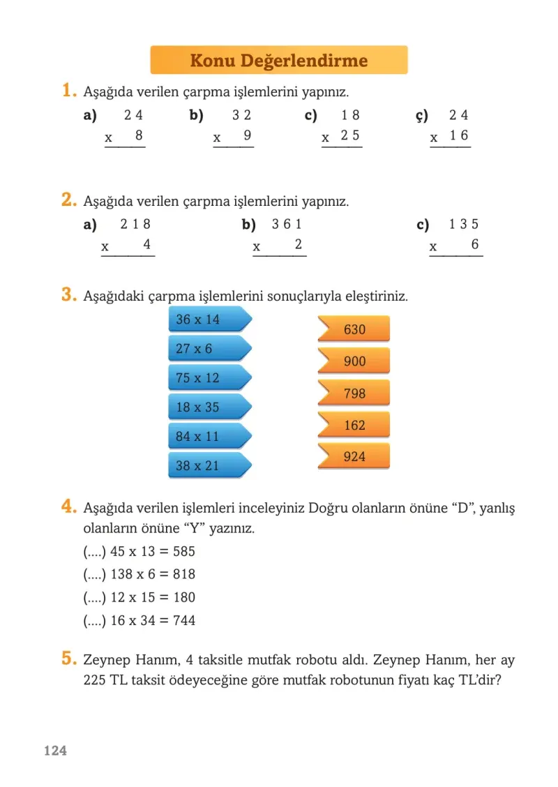 3. Sınıf Matematik Ders Kitabı Cevapları Ekoyay Yayınları Sayfa 124