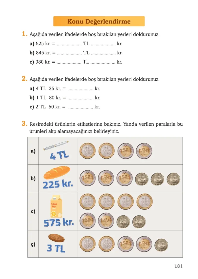 3. Sınıf Matematik Ders Kitabı Cevapları Ekoyay Yayınları Sayfa 181