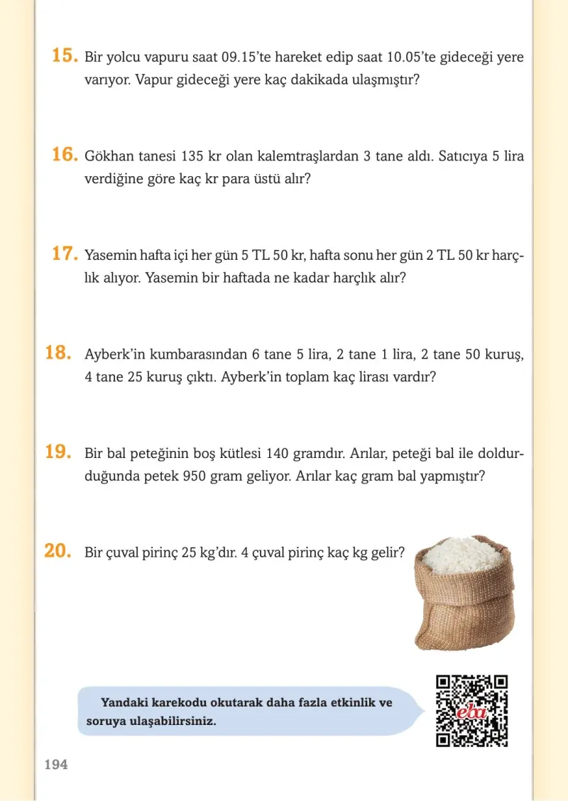3. Sınıf Matematik Ders Kitabı Cevapları Ekoyay Yayınları Sayfa 194