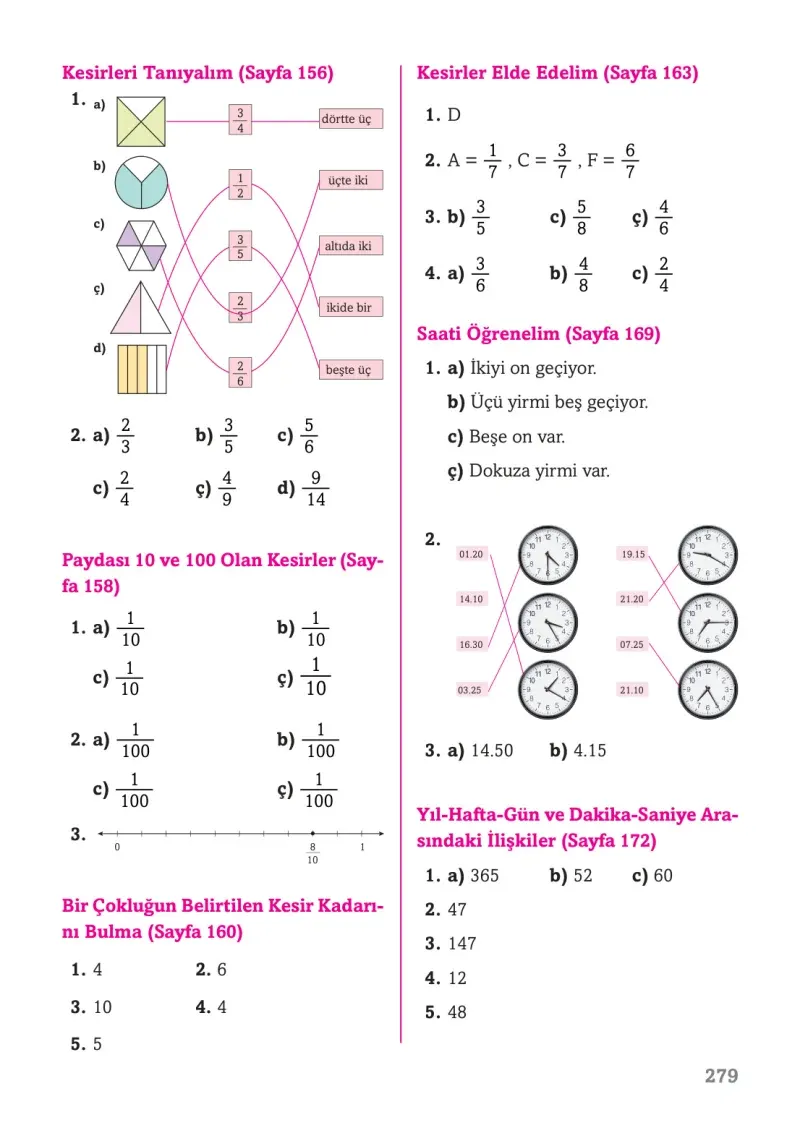 3. Sınıf Matematik Ders Kitabı Cevapları Ekoyay Yayınları Sayfa 279
